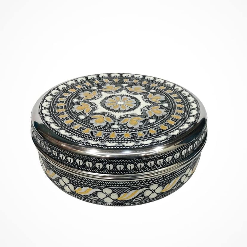 NAVRANG Stainless Steel Spice Box Masala Box Decorative Containersr (7 Steel Cups With 1 Spoon Oxidized) view 2