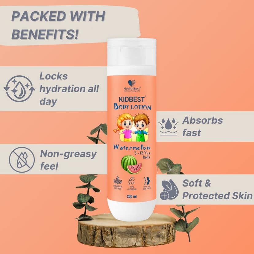 HealthBest Kids Body Lotion 500ml - Tear Free, Watermelon Moisturizer with Shea Butter & Vitamin E – Antibacterial, Paraben & SLS Free view 2