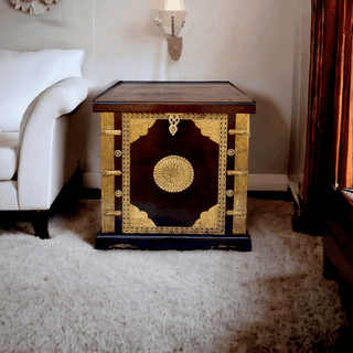 Trunk And Coffee Table, Living Room Storage Box, Polished Box, Wooden Solid Wood Brass Fitted Trunk FLORAL TRRUNK