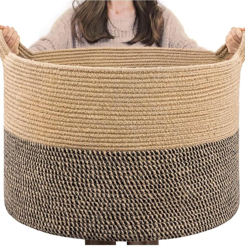 Generic Cotton Pack Of_1 16x14 Inch Storage Basket For Clothes With Out Lid (Beige-Beige-Black)-PID66399 view 2