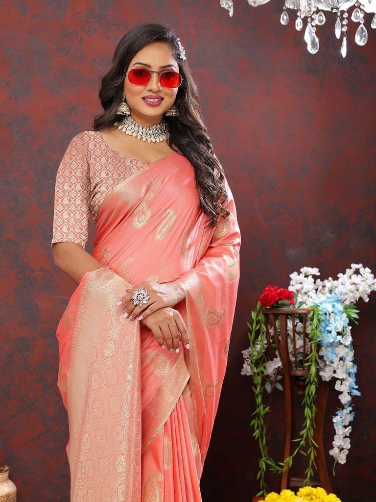 Peach Cotton Woven Design with Zari Weaving Design Saree view 2