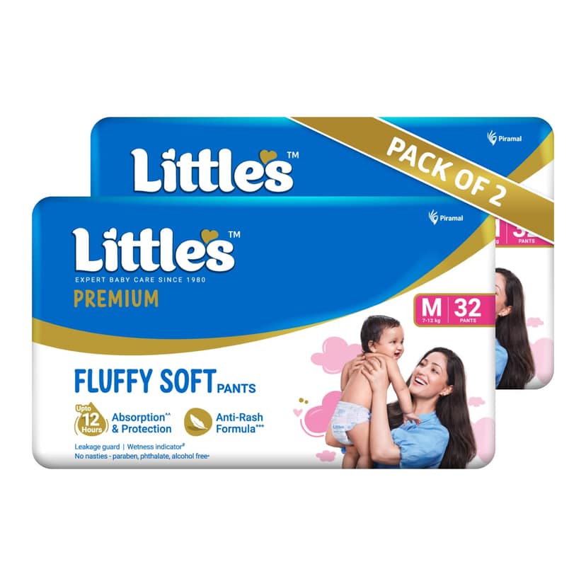 Little's Premium Baby Diapers M Size (Medium) Pants Style | 7-12 kg | 64 Count | FluffySoft Baby Diaper with Leakage Guard, Wetness Indicator & 12 Hours Absorption | (32 Count, Pack of 2) Little's Premium Baby Diapers M Size (Medium) Pants Style | 7-12 k