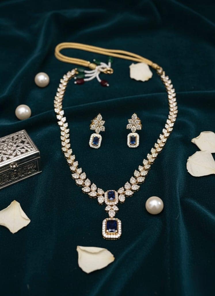 Elegant Matte Polish American Diamond Necklace Set with Blue Stones view 2