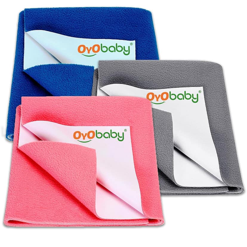OYO BABY Anti-Piling Fleece Extra Absorbent Instant Dry Sheet for Baby - Large Pack of 3 (100x140 cm) | Waterproof Baby Dry Sheet | Quick-Dry Reusable Bed Pad (Royal Blue, Grey & Salmon Rose) OYO BABY Anti-Piling Fleece Extra Absorbent Instant Dry Sheet