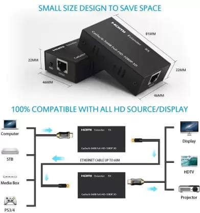 HDMI Extender 60M Over Single Cat6e UTP Ethernet Cable for 1080P Support 3D (1x Transmitter+1x Receiver+ Power Adapters) for PS4, TV Box, PC, DVD Player, Media Streaming Device (Black) view 2