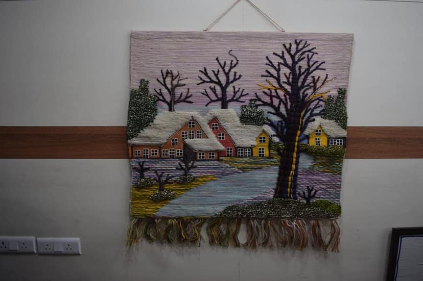 Handmade Winter Village Wall Hanging, Decorative Woven Tapestry with Fringe, Cotton Blend, Snow Scene with Houses, Trees, Landscape Art