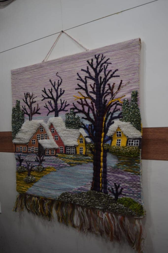Handmade Winter Village Wall Hanging, Decorative Woven Tapestry with Fringe, Cotton Blend, Snow Scene with Houses, Trees, Landscape Art view 2