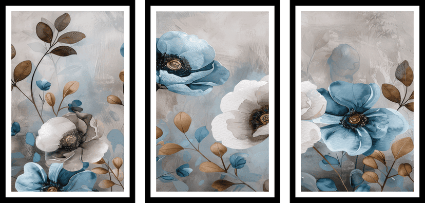 SET OF 3 BLUE AND WHITE FLORAL PRINTS 48in X 24in WITH BLACK FRAME view 2