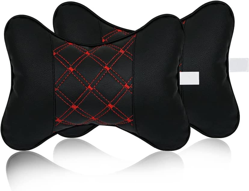 Yobbo Universal Car Neck Rest Pillow Cushion Set Headrest Pain Relief Support with Adjustable Strap Faux Leather, Cotton for All Cars, Home and Office Chair Seat (Red & Black) Yobbo Universal Car Neck Rest Pillow Cushion Set Headrest Pain Relief Support