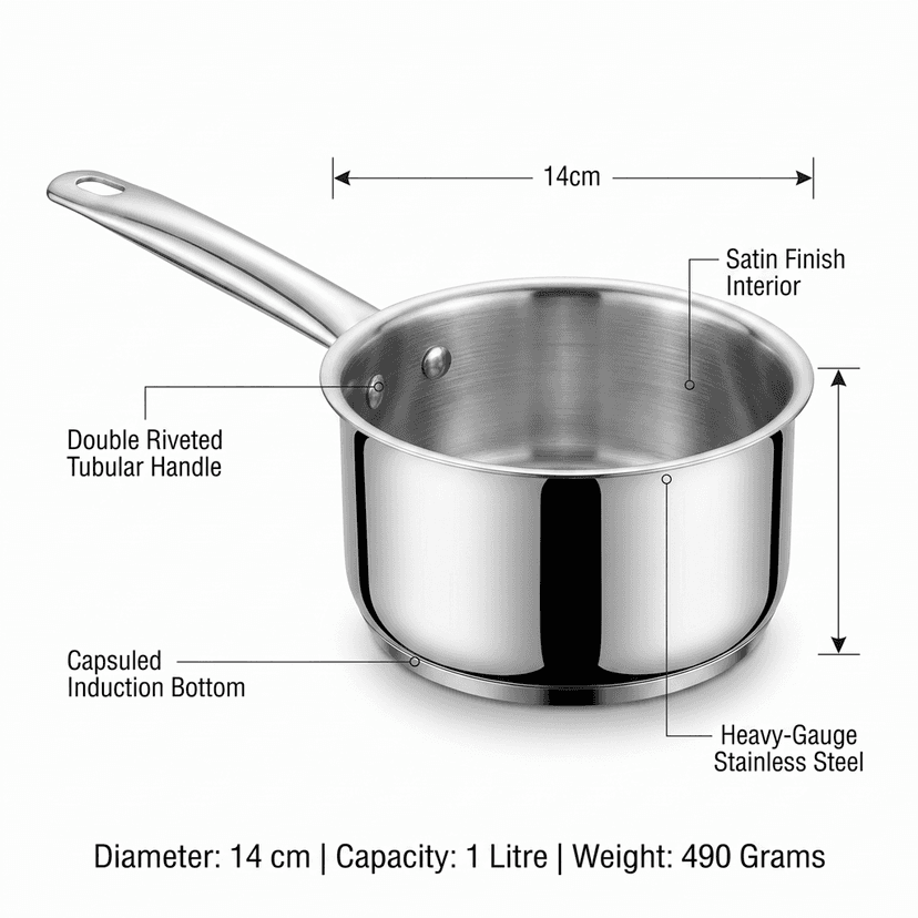 WEKTU Premium Stainless Steel Saucepan with Capsuled Induction Bottom – Heavy Gauge Tea Milk Pan with Riveted Cool-Touch Handle | Mirror Finish Cookware for Gas & Induction Stove view 2