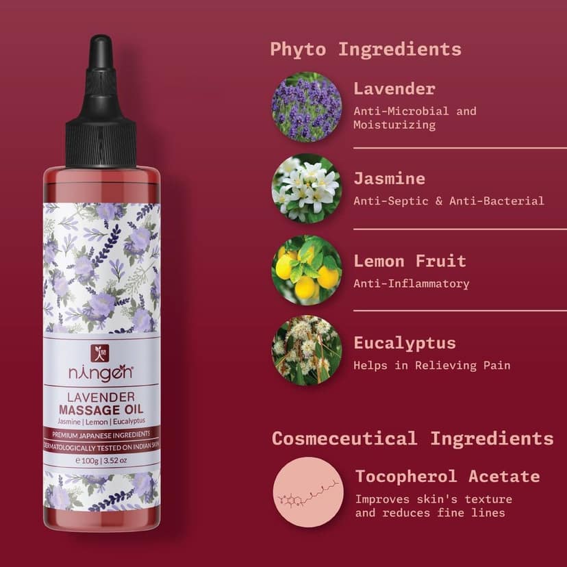 Ningen Lavender Massage Oil I Enriched with Jasmine, Lemon Fruit, Eucalyptus I Dermatologically Tested, Paraben Free I Relieves Muscle Pain & Joint Pain I 100g view 2