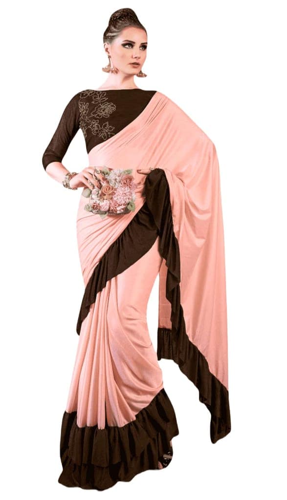 ATTIRIS Women's Lycra Blend Ruffle Solid Ready to Wear Saree with Blouse Piece (0.8m)