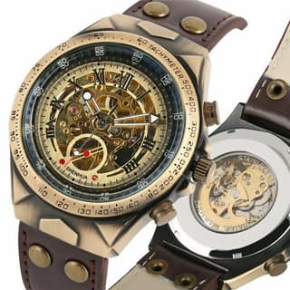 Forsining Genuine Leather Série Mystère d'Art Vintage Engraved Rotatable Bezeled Self Winding Automatic Tourbillon Blue Moon Mechanical Analog Watch - For Men