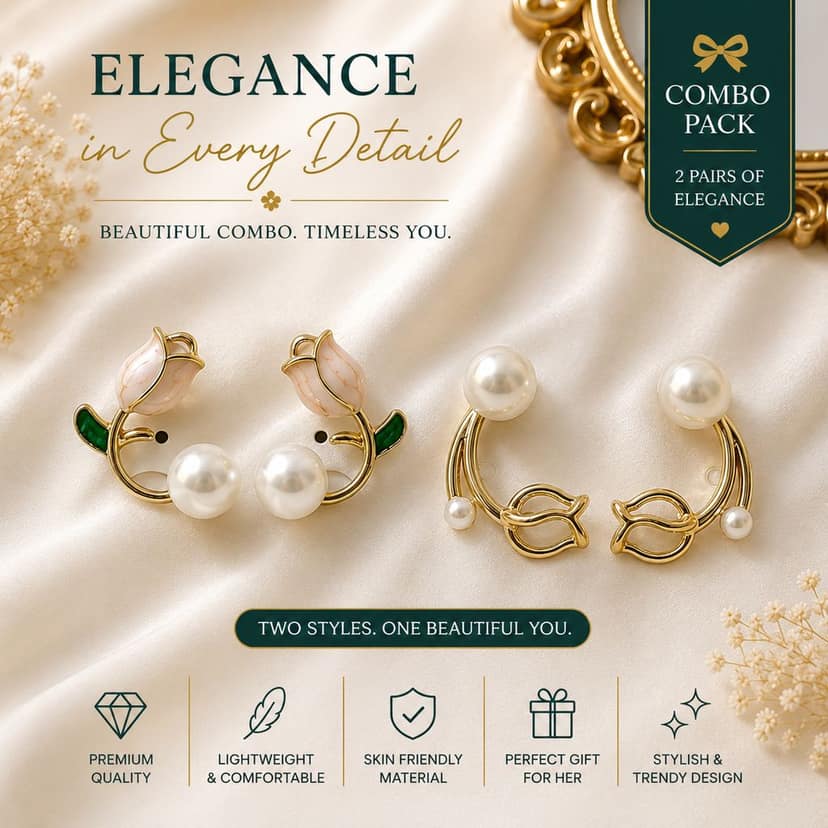 Designer Pearl Stud Earrings for Women & Girls | Floral Rose & Tulip Leaf Gold Plated Earrings | Korean Style Lightweight Fashion Jewellery | Daily Wear, Party Wear, Gift Set