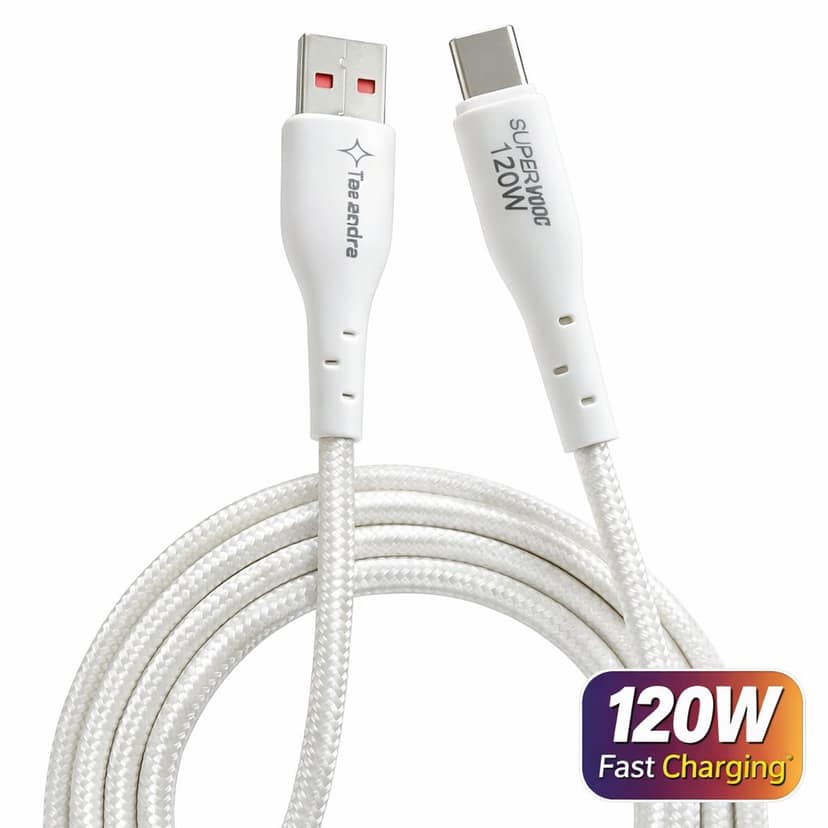 Tarendra 2M USB Type-C Fast Charging Cable 120W 5-Core Copper Wire Nylon Braided Unbreakable SuperVOOC VOOC Warp Dash Dart Support 200,000+ Bend 12 Month Warranty