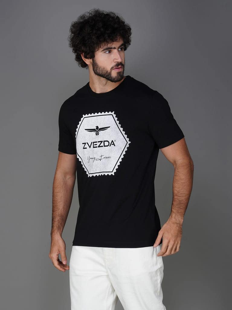 Premium Single Jersey Cotton Branded Round Neck Tee-Black