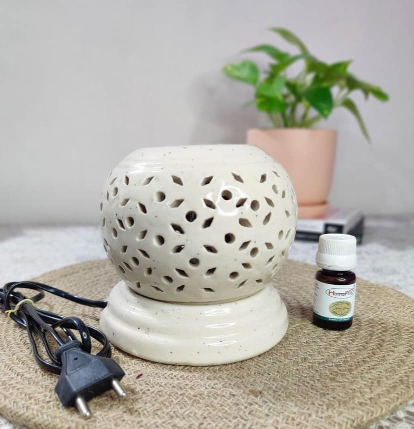 Homefrills Ceramic Ball Shape Electric Aroma Diffuser Oil Burner with 10 ML Lemongrass Aroma Oil for Home/Office & Spa Air Freshener for Aromatherapy/Oil Burners Colour -White (Size-13*13*13 cm) view 2