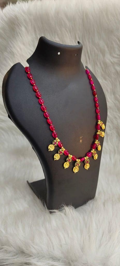 Delicate Ruby Necklace with Gold Pendants view 2