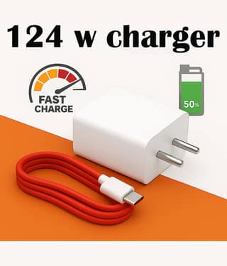 124W Super Fast Charger with Red USB to Type-C Cable, Universal Compatibility for Smartphones, Tablets & Laptops, Supports VOOC, DASH, WARP, Qualcomm Quick Charge & PD for Rapid Safe Charging Anywhere