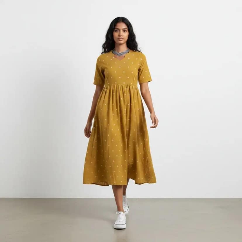 Mangalgiri South Cotton Kurti in Mustard with Screen-Printed Buti