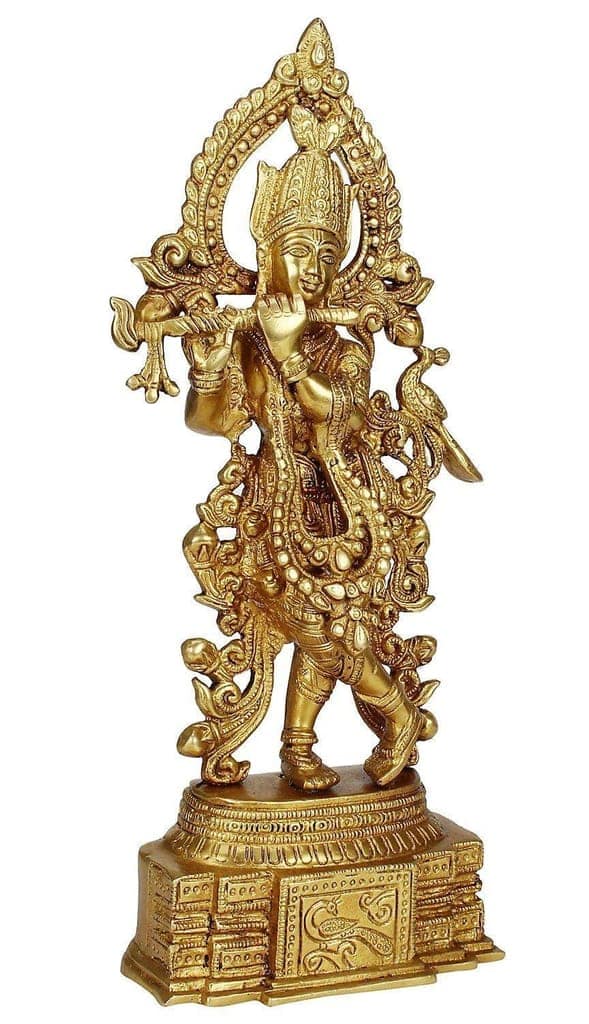 ARTVARKO Brass Murti Lord Krishna Idol God of Love Playing Flute for Home D�cor Living Room Metal Statue Temple Gift Item Gold Polish Height 13.7 Inch view 2