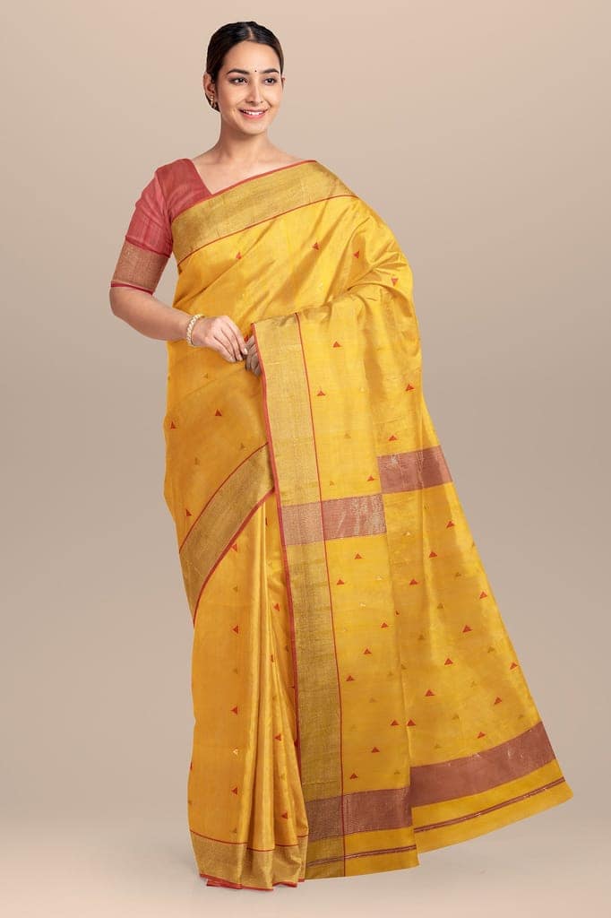 Golden Yellow Buti Handwoven Maheshwari Silk with Zari Border Saree SKU- BS10006