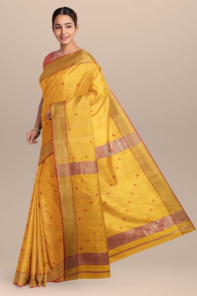 Golden Yellow Buti Handwoven Maheshwari Silk with Zari Border Saree SKU- BS10006 view 2