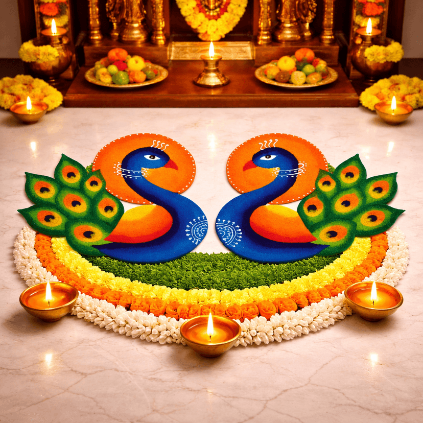 Madhura’s Creations Pair of Peacock Rangoli Patches on Plastic Sheet | Multicolour Traditional Design | Real Rangoli Colours | Reusable | Set of 2 view 2