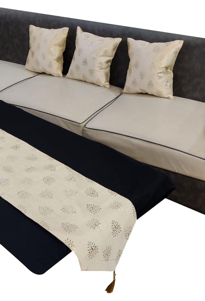 Polyester Silver Floral Foil Printed Cream Square 3 Cushion Covers and 1 Table Runner Combo Luxury Modern Pillow Cover for Sofa Living Room Bedroom |24X24 Inch Cushion Cover I12 X 59 Inch Table Runner