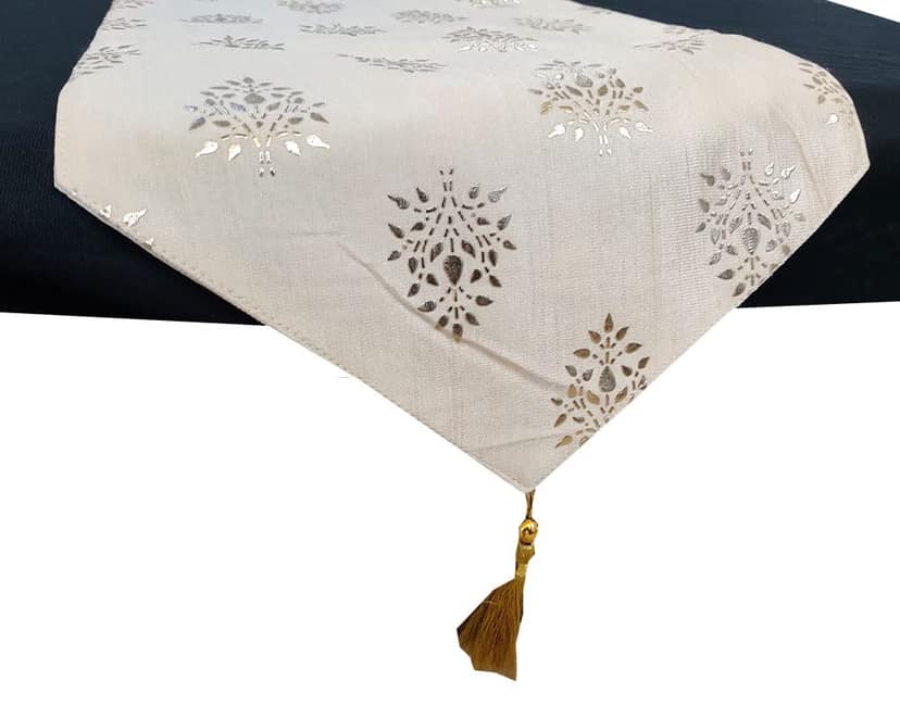 Polyester Silver Floral Foil Printed Cream Square 3 Cushion Covers and 1 Table Runner Combo Luxury Modern Pillow Cover for Sofa Living Room Bedroom |24X24 Inch Cushion Cover I12 X 59 Inch Table Runner view 2