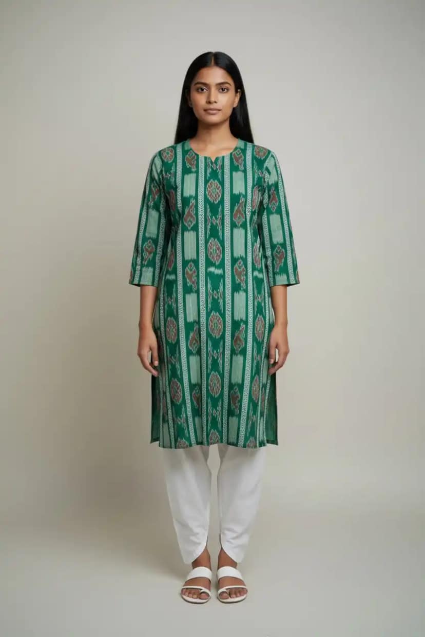 Sambalpuri Bandha Cotton Kurti in Green, Handwoven Ikat