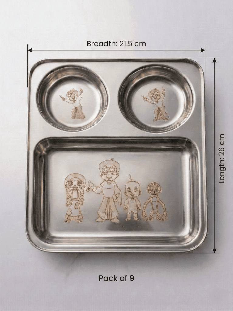 WEKTU 3-Section Stainless Steel Kids Dinner Plate, 26 cm, Laser Engraved Chhota Bheem & Friends Design, Partition Thali for Kanyak / Kanjak Pujan. view 2