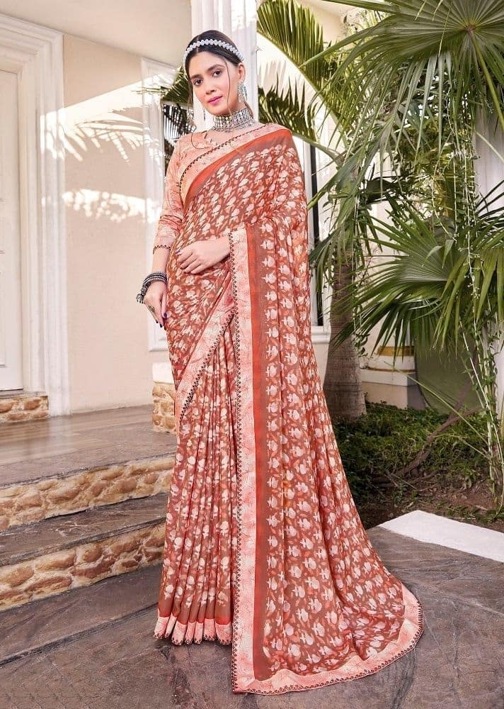 Digital Printed Georgette Saree in Brown