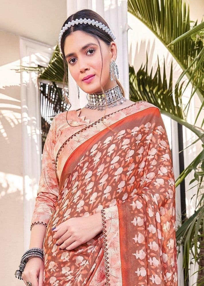 Digital Printed Georgette Saree in Brown view 2