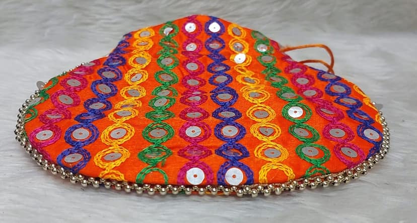 Vibrant Orange Embroidered Sequin Potli Bag with Pearl Handle view 2