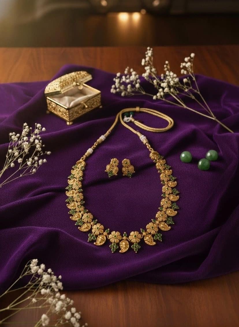Matte Polish Green Stone Floral Necklace & Earring Set for Women view 2