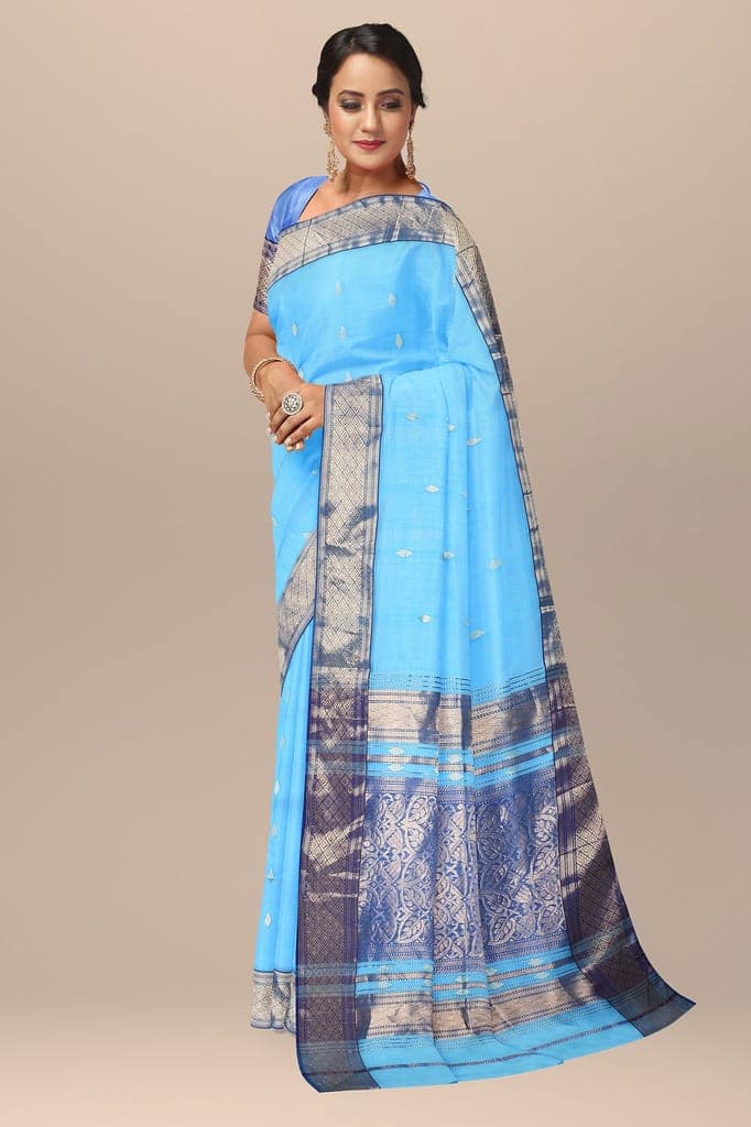 Sky Blue Buta Buti Handwoven Maheshwari Silk with Broad Dark Blue Zari Border Saree SKU- BS10018
