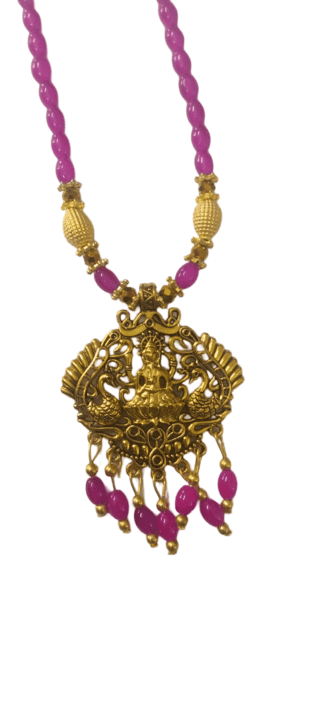 oxidized gold plated traditional south indian temple pendant necklace set with pink beads view 2