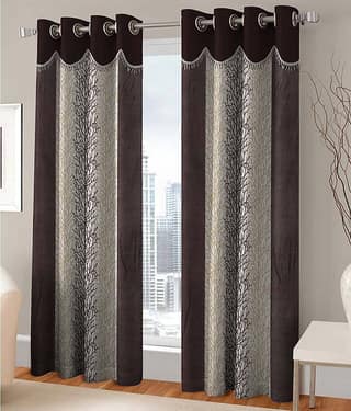 Panipat Textile Hub Floral Semi-Transparent Eyelet Door Curtain 7 ft Pack of 2 -Brown
