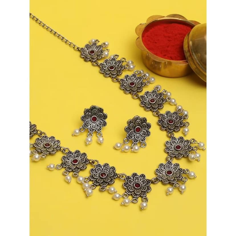 Pujvi Fashions Oxidised Flower Design Choker Necklace set