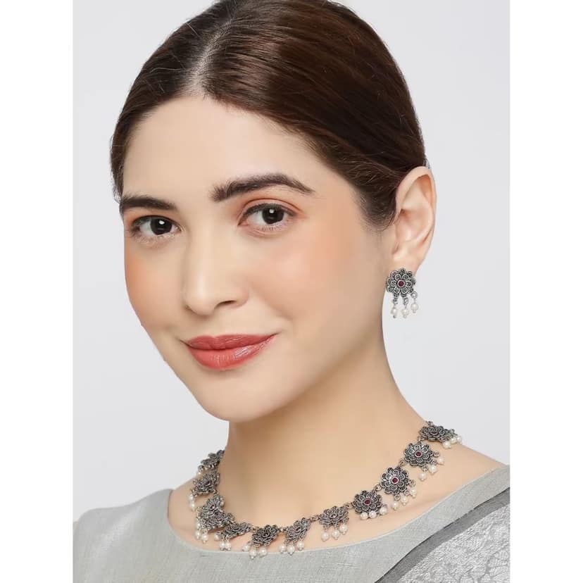 Pujvi Fashions Oxidised Flower Design Choker Necklace set view 2