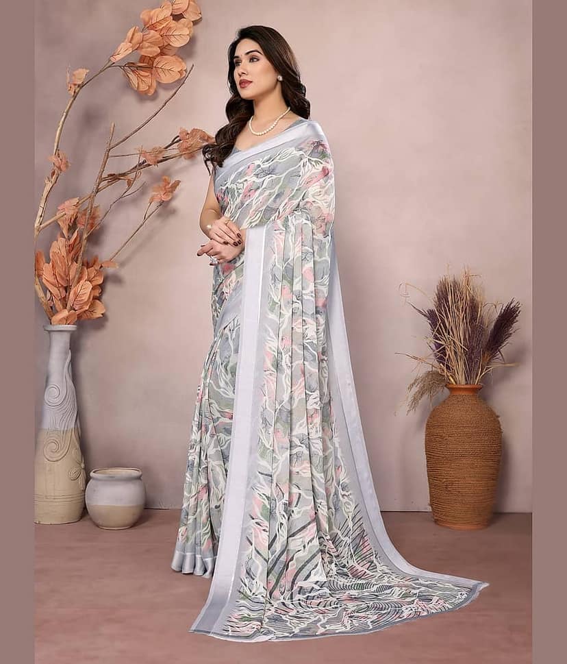 VEDANT VASTRAM Chiffon Printed Saree With Unstitched Blouse Piece ( Grey ) view 2