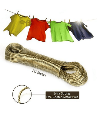 20-Meter PVC Coated Steel Wire Rope with 2 Plastic Hooks for Clothesline/Drying Clothes, Multi-Color, Pack of 1.