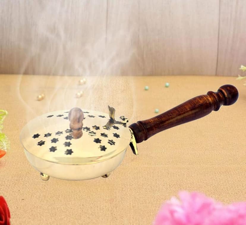 Brass Incense Bakhoor Burner Home Purifying Loban Burner Brass Dhoop Dani Showpiece for Puja Room Home Decor with Handle (Big)
