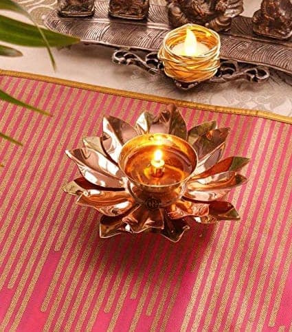 Brass & Copper Lotus/Kamal Design Diya Deepak | Akhand Jyot | Arti Poojan Temple Home Decor, Gold (5 inch) view 2