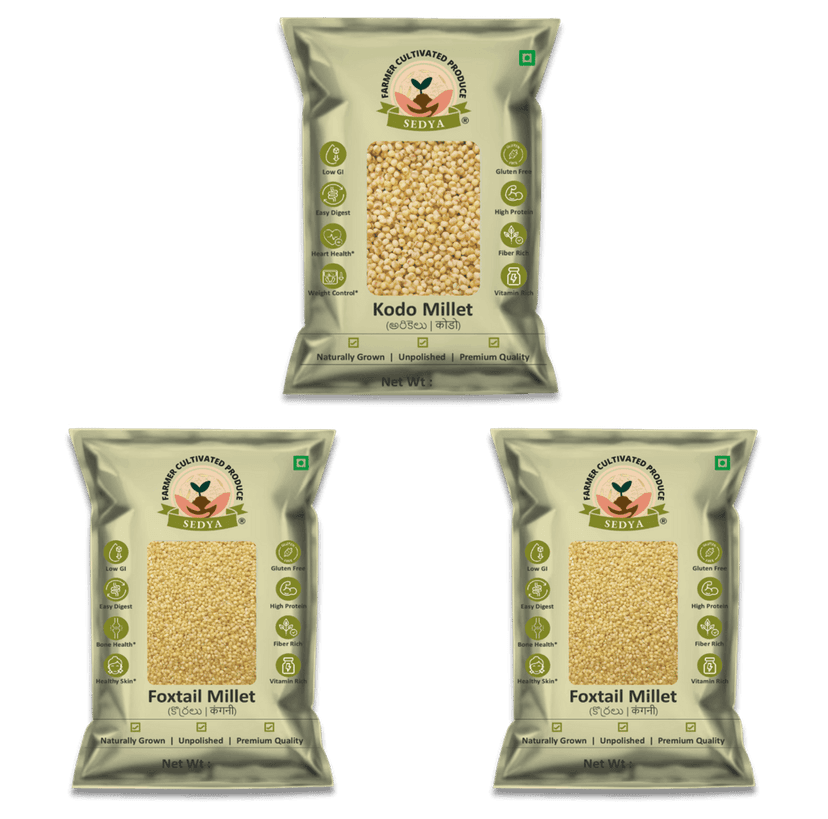 Sedya Three Millet Combo Whole Grains | Kodo Millet 500 g & Foxtail Millet 500 g, 2 Packs | Certified Low GI | Varagu, Korralu | Gluten Free | Unpolished, Toasted, No Soaking Required | High Plant Protein & Fibre | Total 1.5 Kg