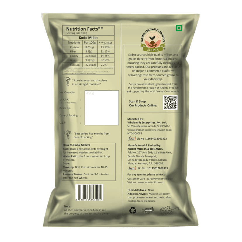 Sedya Three Millet Combo Whole Grains | Kodo Millet 500 g & Foxtail Millet 500 g, 2 Packs | Certified Low GI | Varagu, Korralu | Gluten Free | Unpolished, Toasted, No Soaking Required | High Plant Protein & Fibre | Total 1.5 Kg view 2