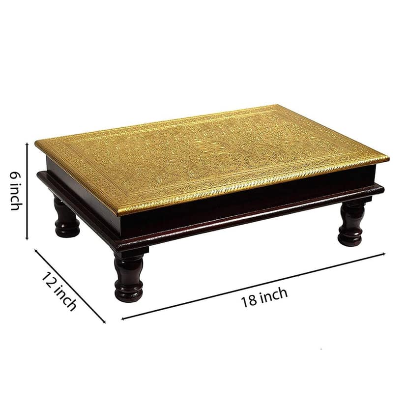 Creative Handicrafts Wood & Brass Chowki | Brass Work Pooja Bajot Stool | Home Decor Sitting Table (Goldcolor_18 x 12 x 6 Inches) view 2