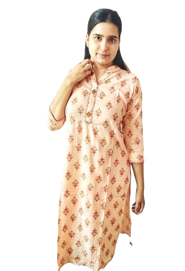 ATTIRIS Women's Cotton Printed Straight Round Neck Calf Length Kurta (Orange) view 2