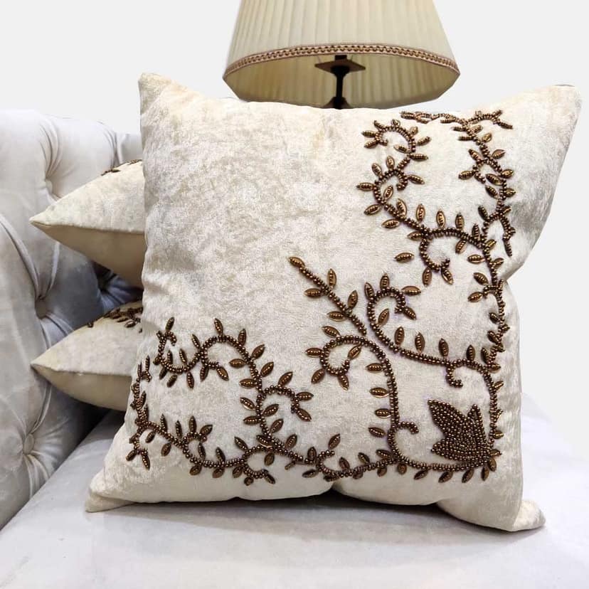 Suede White/ Cream Set of 3 Ethnic Beaded Embroidered Square Combo Cushion Covers for Sofa Home Bedroom (24x24 inch or 60 x 60 cm)